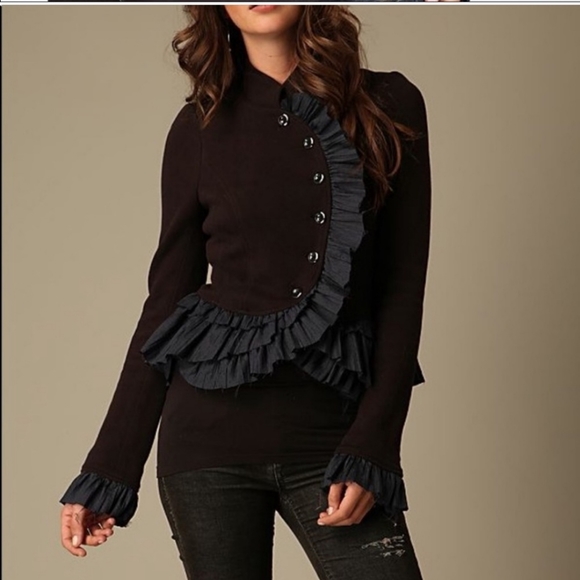 Free People Jackets & Blazers - FREE PEOPLE, black and blue ruffle jacket blazer